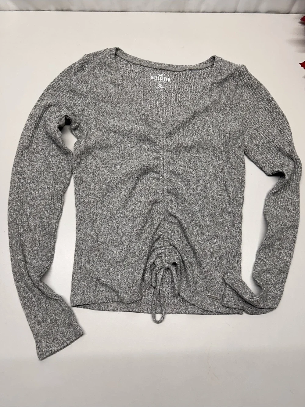 Hollister Heather Gray Ribbed Long Sleeve Top with Front Drawstring